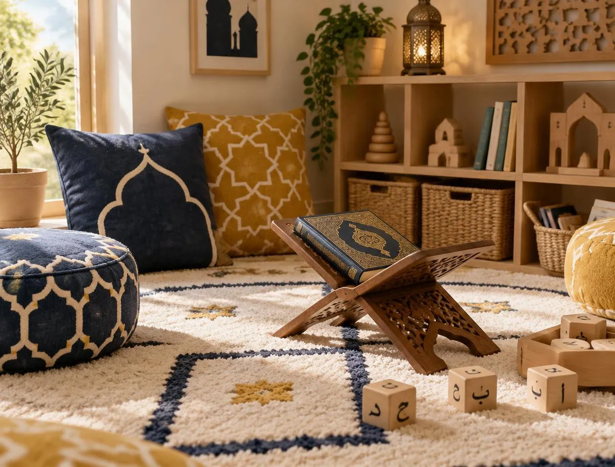 Quran and Arabic-letters corner with a carved wooden rehal stand, wooden letter blocks and prayer-rug patterned floor cushions