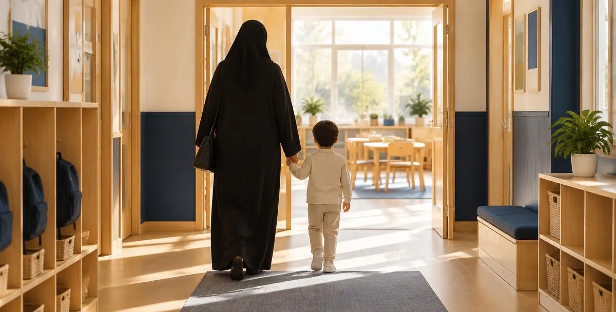 A parent and young child, seen from behind, walking hand in hand along a bright corridor towards a sunny classroom