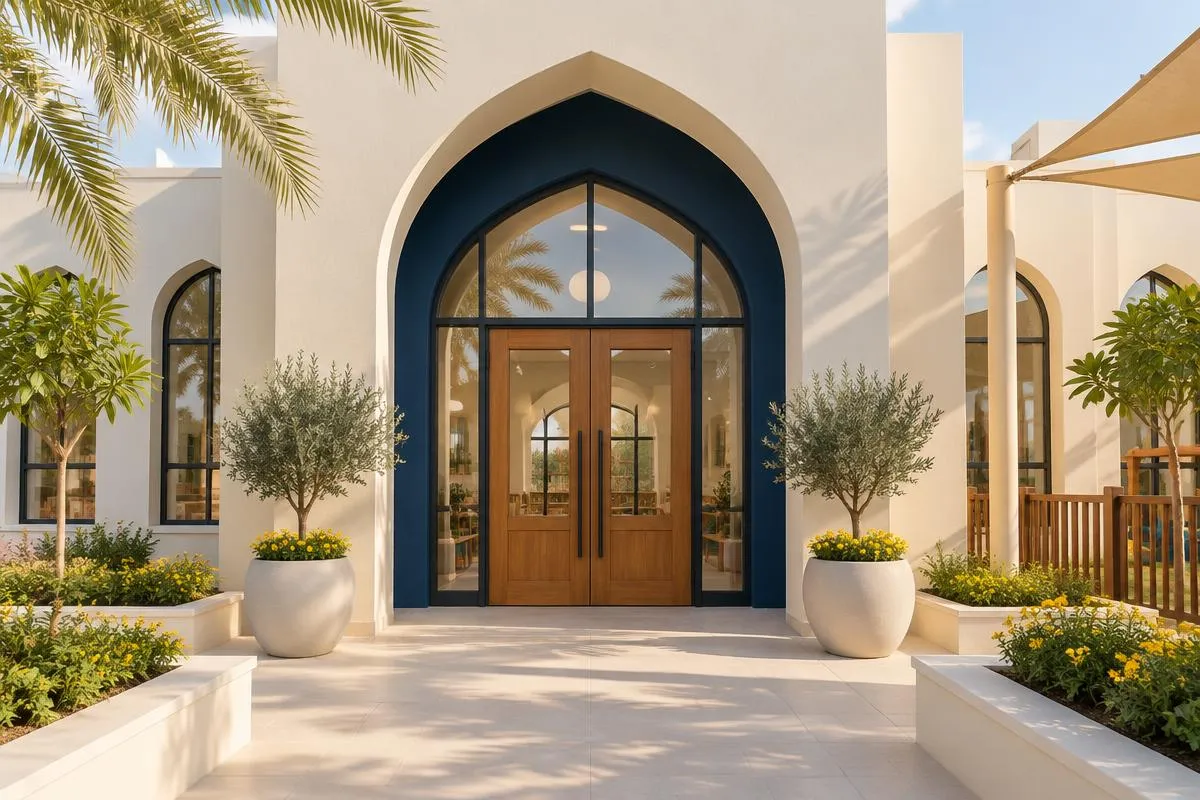 Welcoming arched entrance with wooden double doors, olive trees in planters and yellow flowers along a sunny path