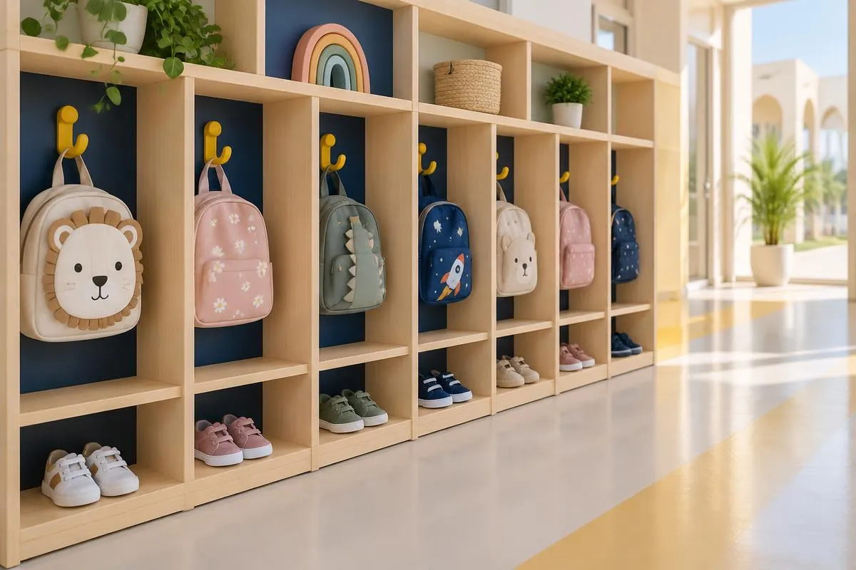 Row of wooden cubbies with small backpacks on yellow hooks and children's shoes neatly lined up below