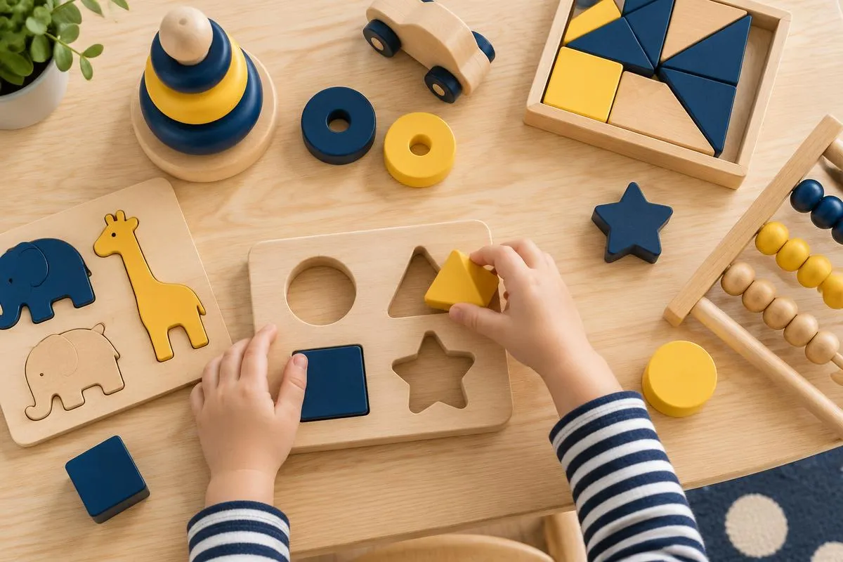 Overhead view of a child's hands fitting a yellow piece into a wooden shape puzzle, surrounded by educational toys