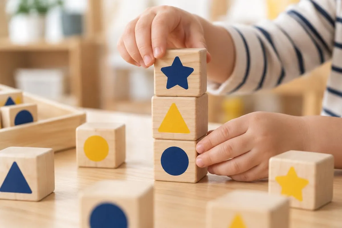 A child's hands stacking wooden blocks painted with blue and yellow shapes on a classroom table
