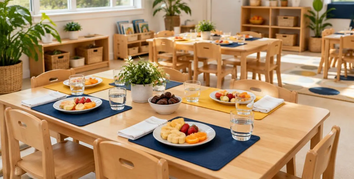 Snack area with low wooden tables set with fruit plates, dates and cups of water on navy and yellow placemats