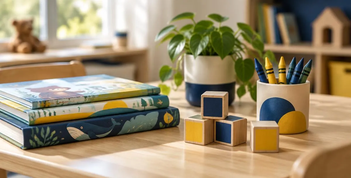 Stack of children's picture books, wooden blocks and a cup of crayons on a sunlit classroom table