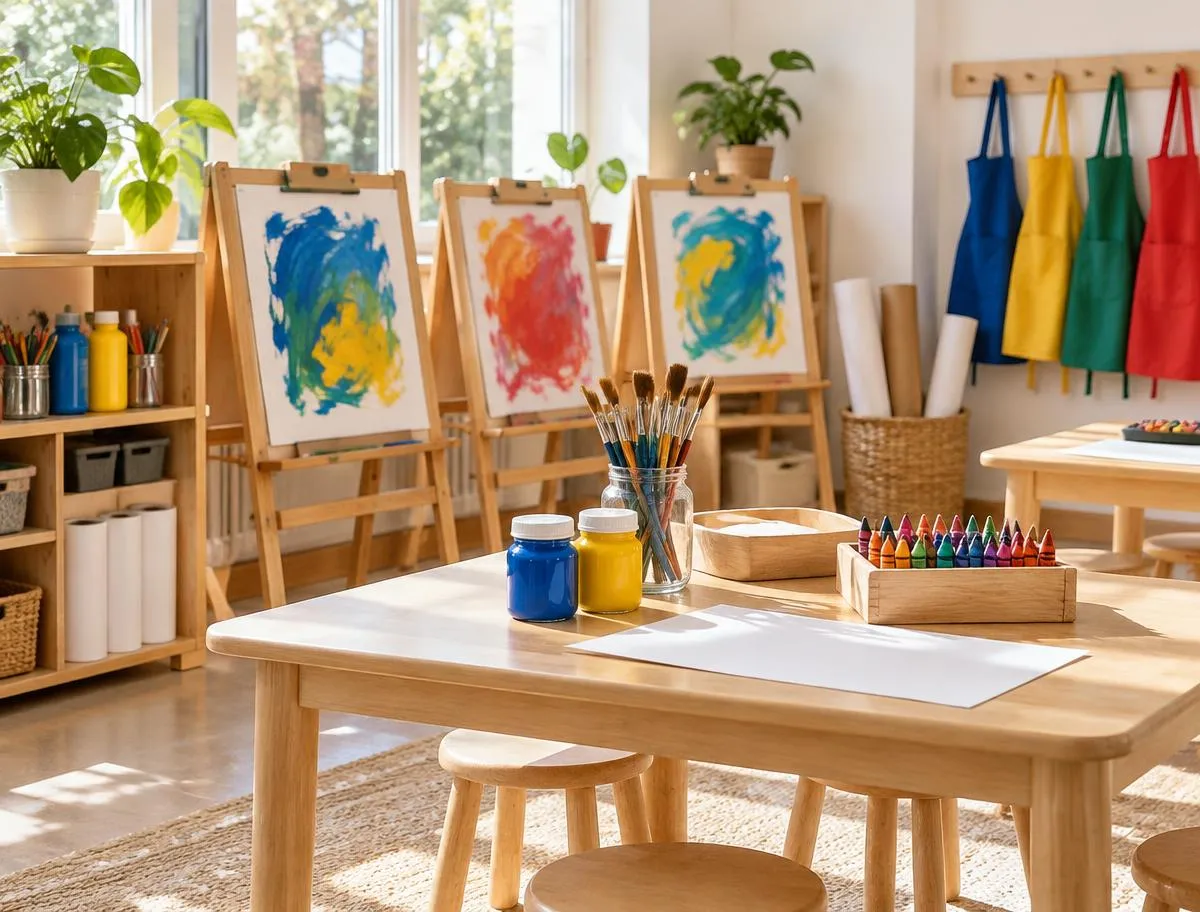 Art corner with small easels holding colourful paintings, jars of brushes, paint pots and crayons on a child-height table
