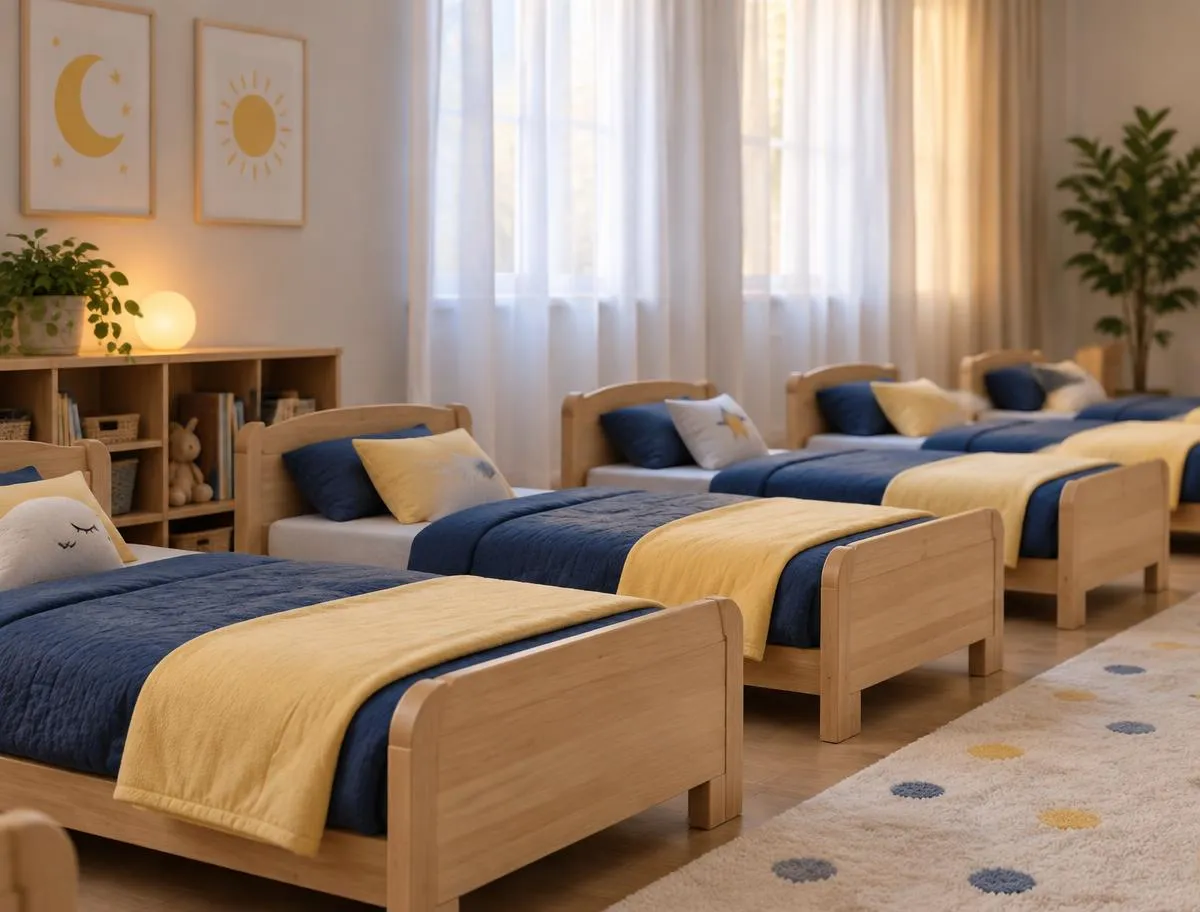 Calm nap room with a row of low wooden beds made up with navy and pale yellow bedding beside sheer curtains