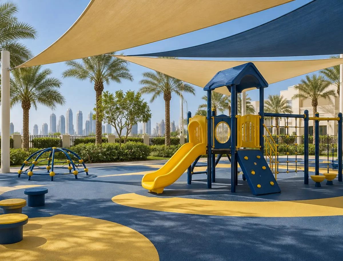 Shaded outdoor playground with a navy and yellow slide and climbing frame under shade sails, surrounded by palm trees