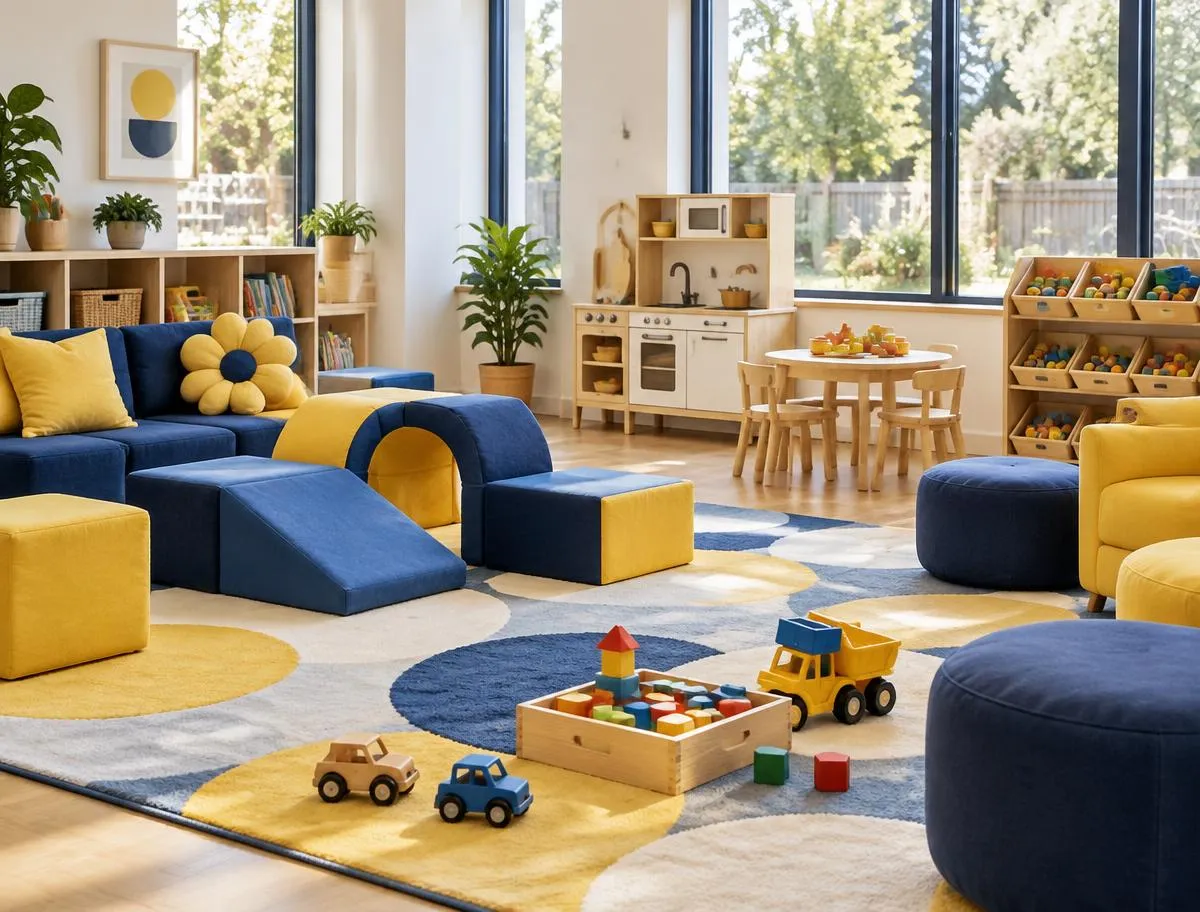 Indoor play area with navy and yellow soft-play blocks, a wooden toy kitchen and building blocks on a colourful rug