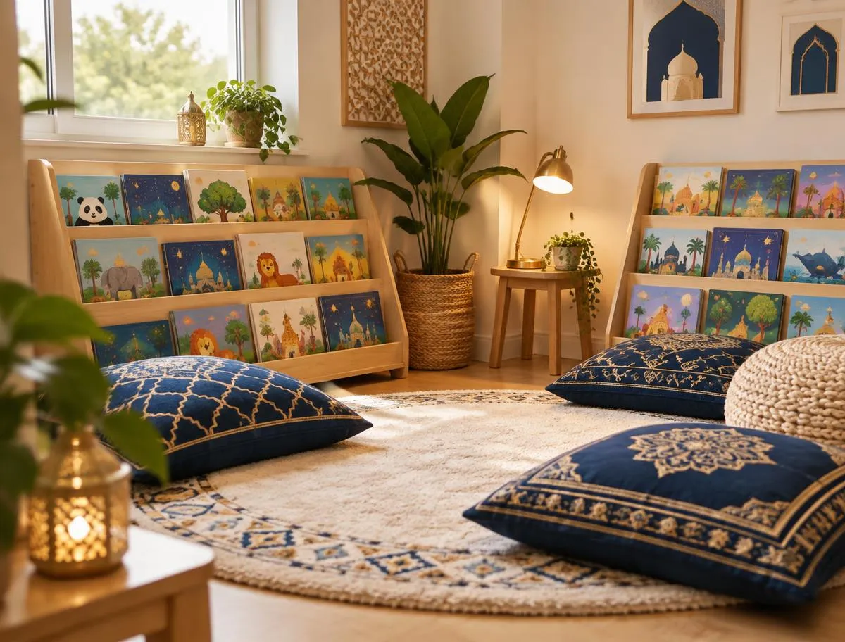 Reading corner with forward-facing bookshelves of picture books and navy and gold patterned floor cushions on a round rug