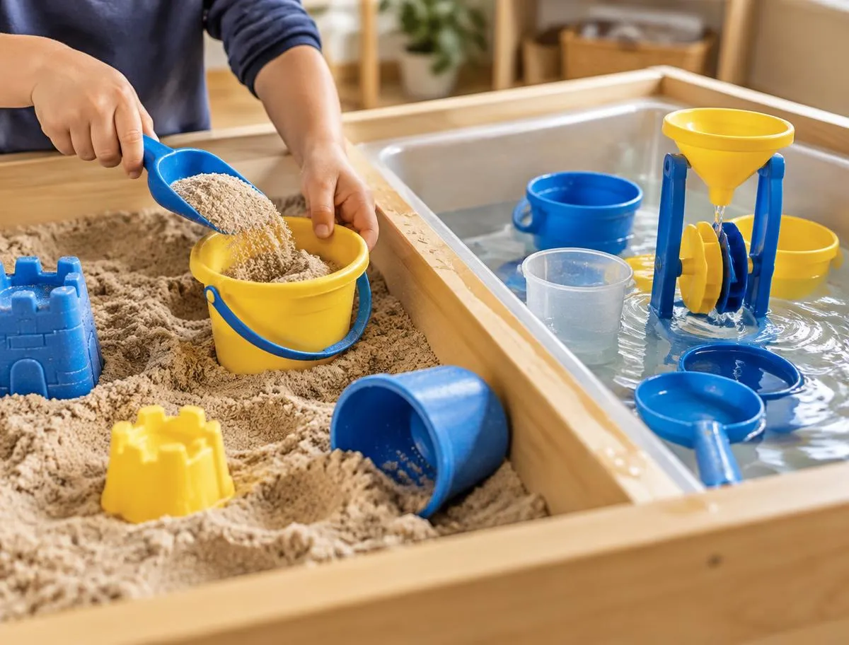 Sensory play table with a sand tray and a water tray, blue and yellow buckets and scoops, and a child's hands scooping sand