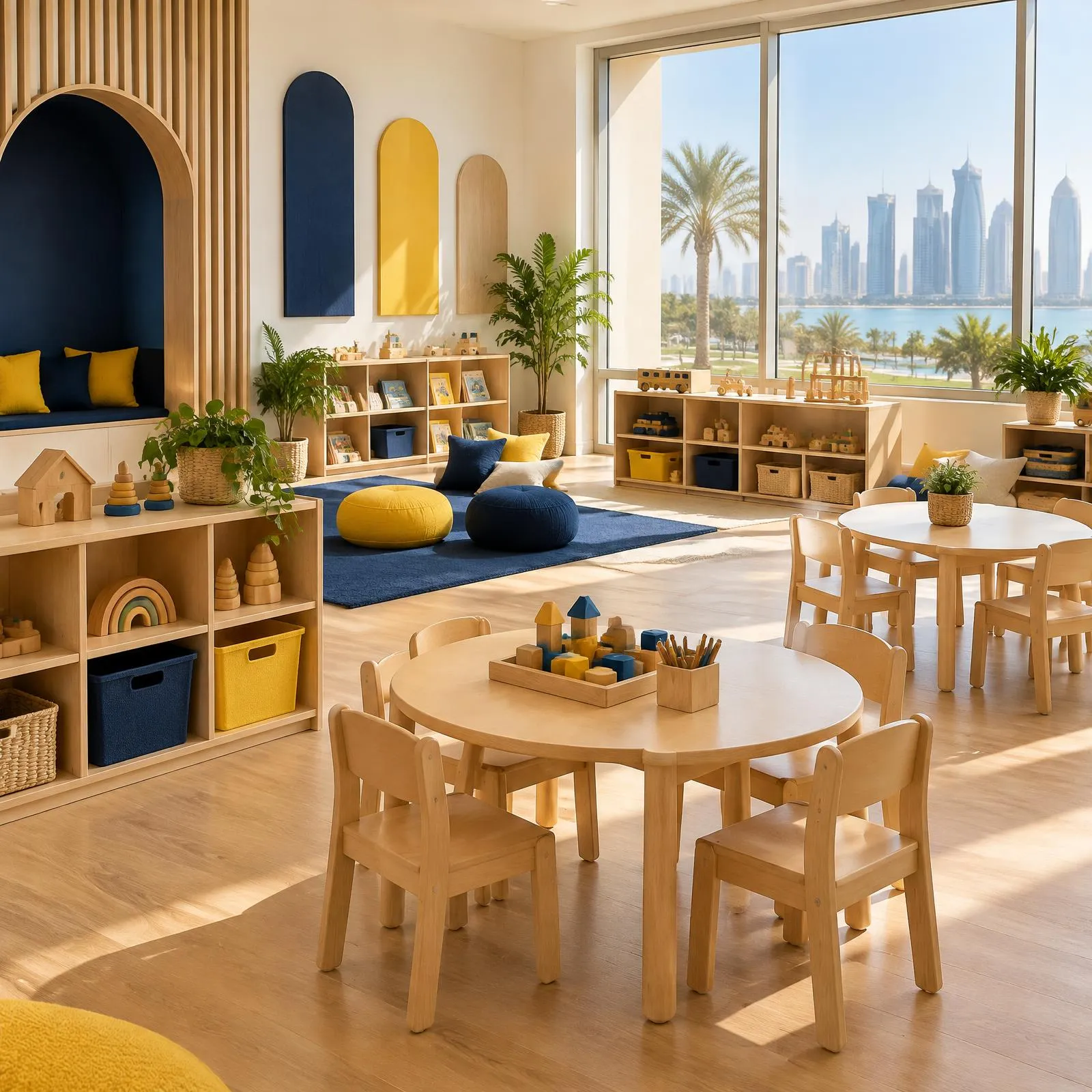Bright kindergarten classroom with small wooden tables and chairs, low shelves of toys and books, and navy and yellow cushions by large sunny windows