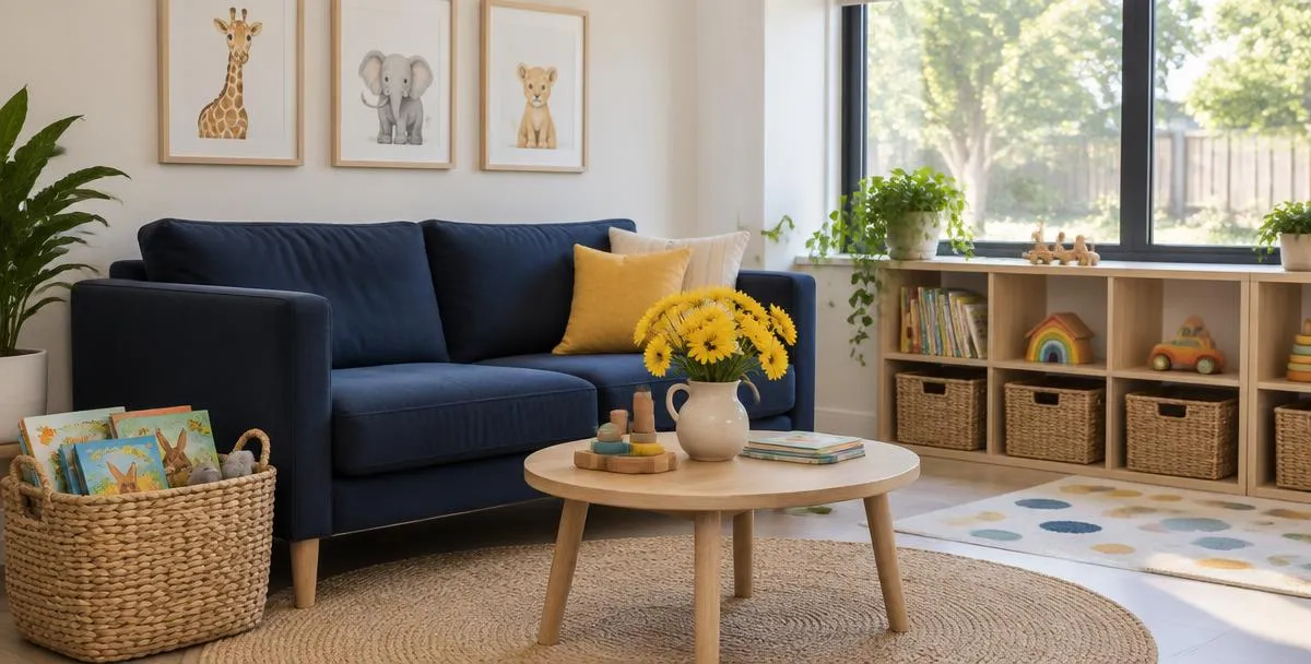 Welcoming parents' area with a navy sofa, yellow flowers on a round wooden table and baskets of picture books